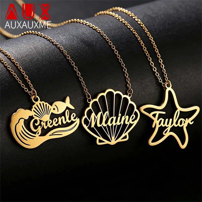 Auxauxme Custom Shell Starfish Fish Wave Name Necklace for Women Stainless Steel Personalized Nameplate Pendant Ocean Jewelry