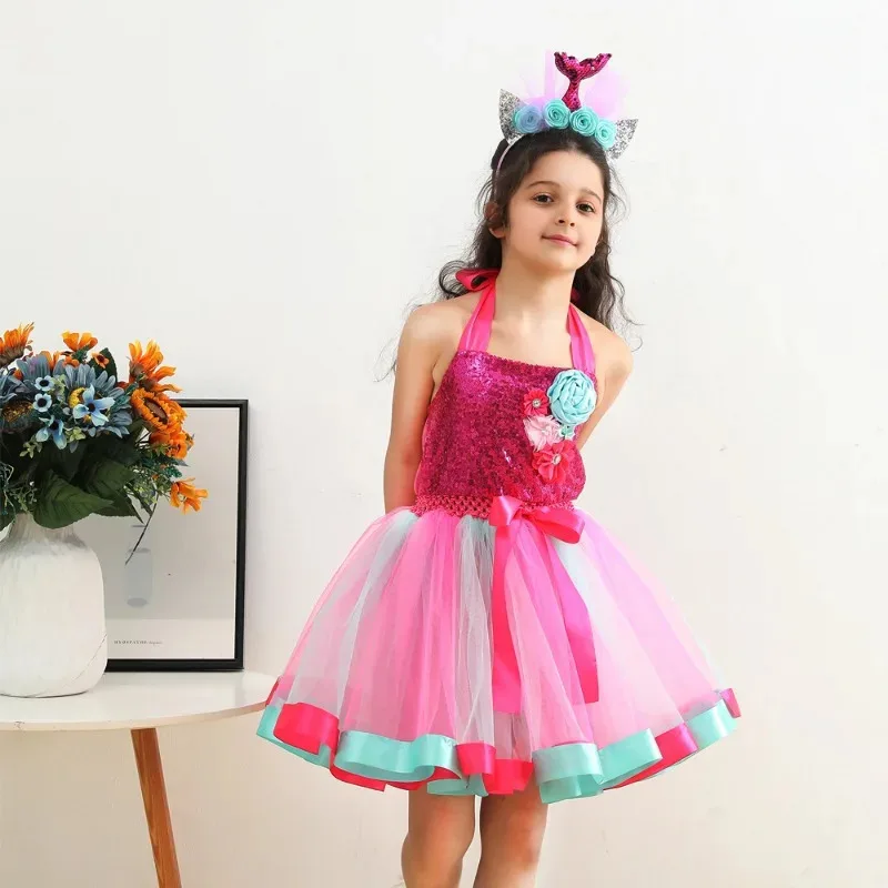 New Children Mermaid Dress Girls Halloween Princess Party Dress Up Tulle Mesh Rainbow Tutu Skirt Fish Scale Sequin Outfits