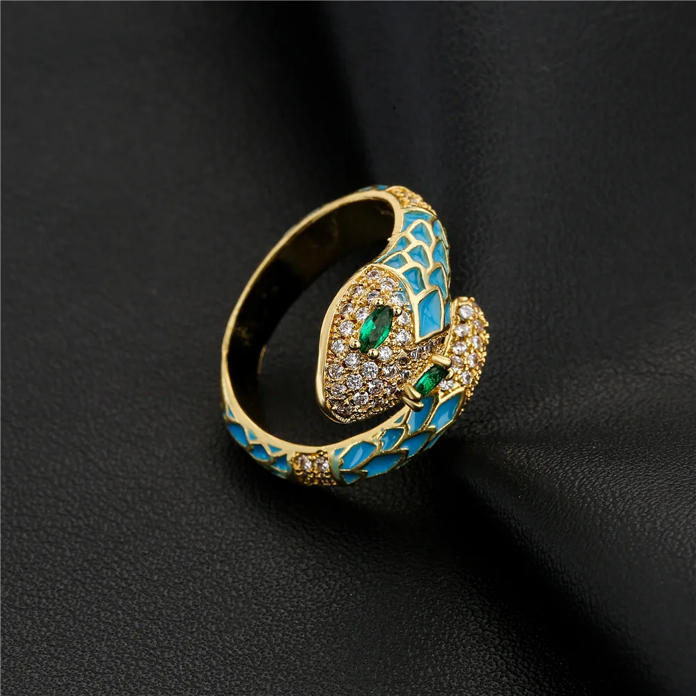 Dropping Oil Open Rings For Women Luxury Zircon Snake Ring Gold Color Adjustable Rings Animal Jewelry