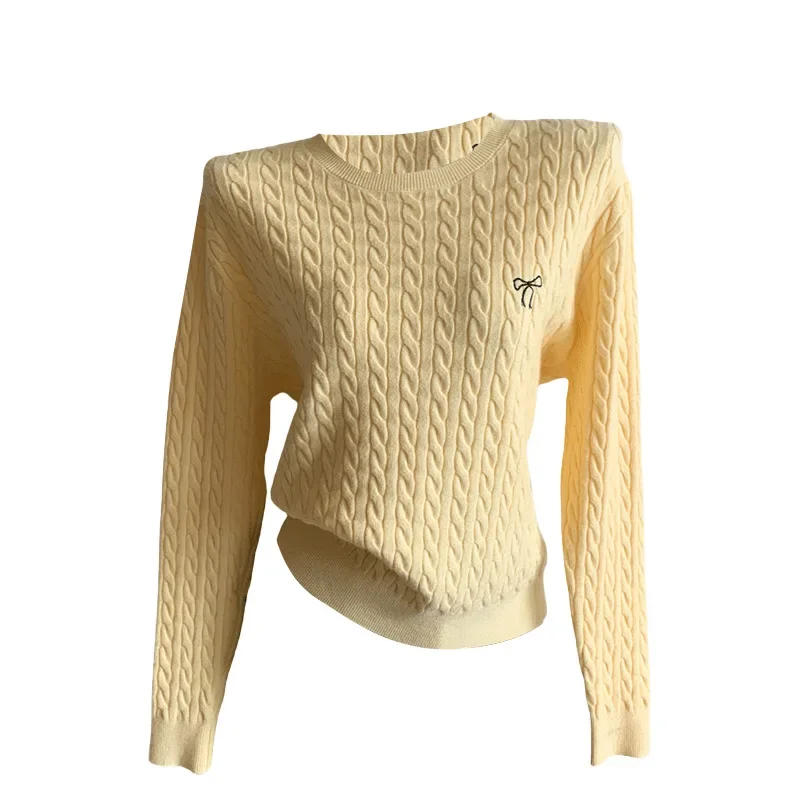 Camisola feminina outono camada base camisa bordada moda estilo de viagem amarelo malha manga longa baixo em torno do pescoço