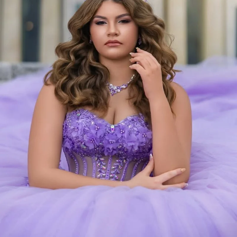 

Light lavender Quinceanera Dress off-shoulder Lace crystal glitter 3D flower decal vestidos de 15 Quinceanera ﻿Customized