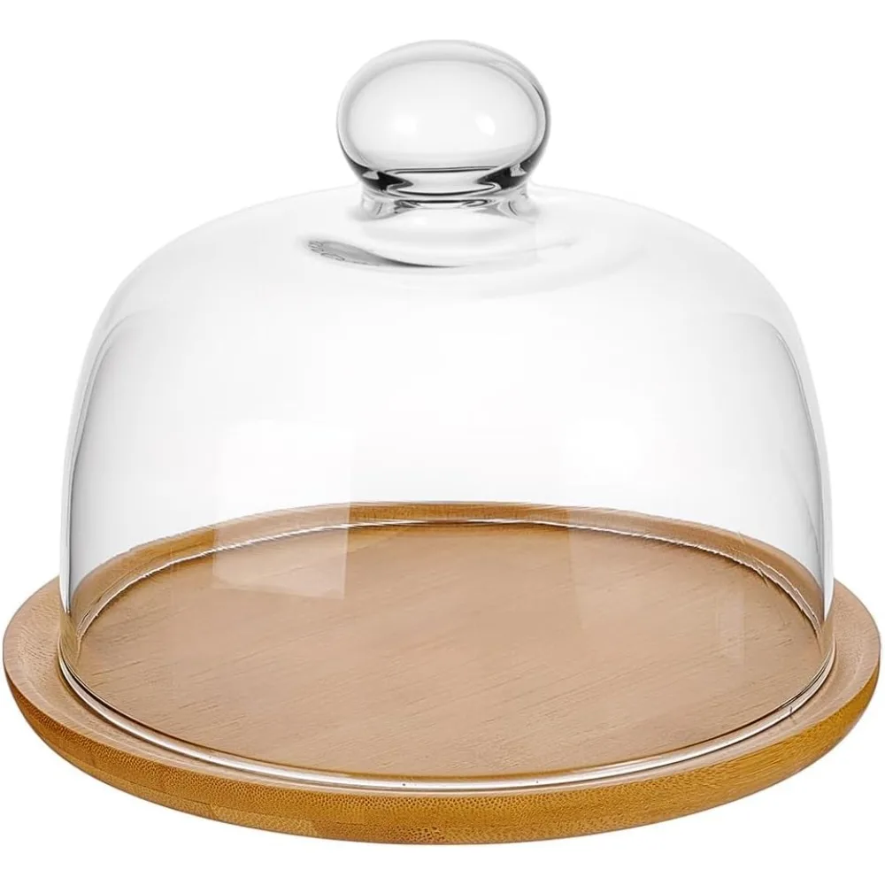 

Mini Bamboo Glass Dome with Base Small Cloche Clear Bell Jar Cover Stand with Glass Dome for Kitchen Baking Gifts
