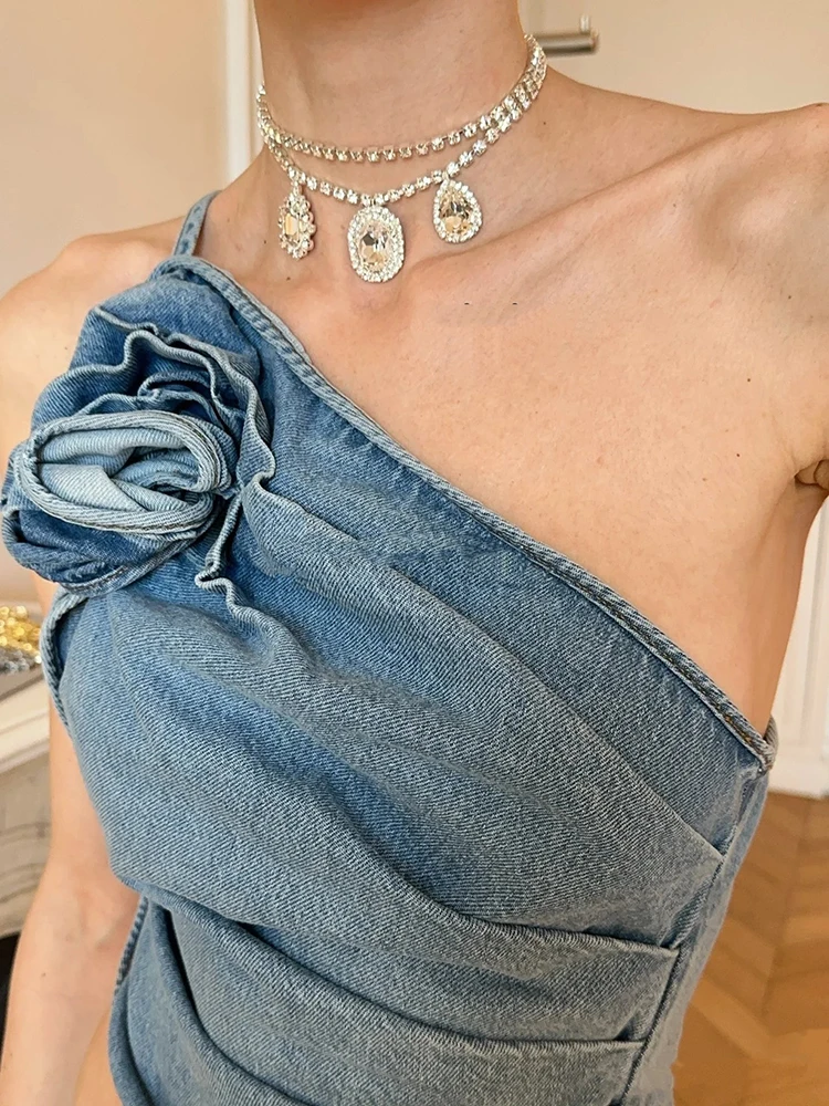 

Three-dimensional flower decoration, asymmetrical single-shoulder, single-shoulder off-the-shoulder denim vest, strappy top