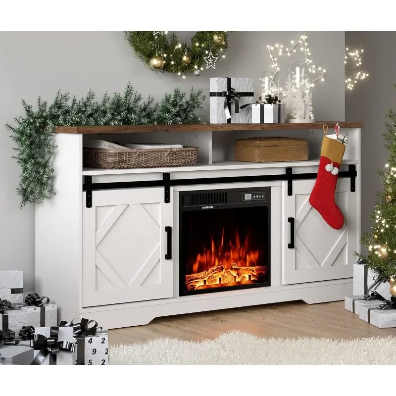 Fireplace TV Stand for TVs Up to 65 Inch, Farmhouse Wood Electric Fireplace Entertainment Center with Storage 2 Heating Mode