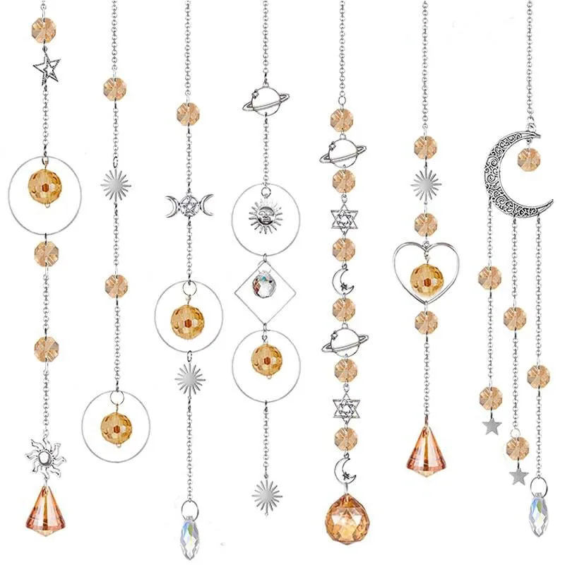 1PC Crystal Moon And Sun Suncatcher Rainbow Catcher Garden Decoration Stained Glass Rainbow Maker Silver Prism Window Pendant