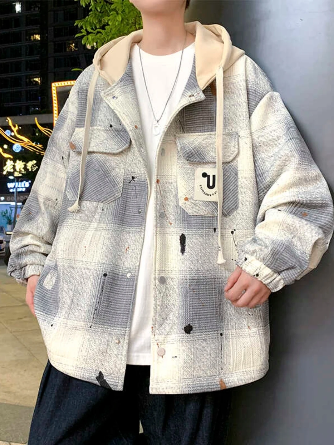 

Large Size Men's Jaet Spring Autumn Plaid irt Collar Workwear Jaet Initial Autumn Coat Top Casual Loose Fit Antimicrobial
