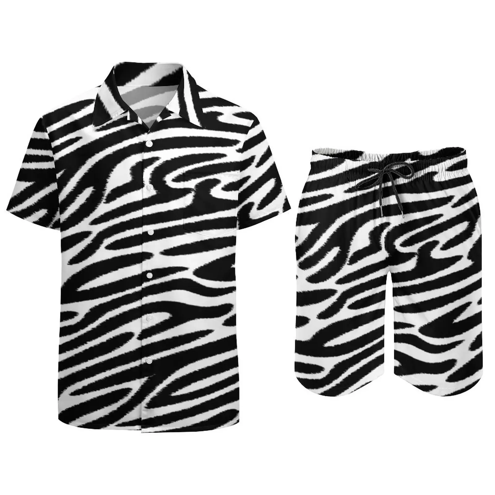 Black Zebra Stripes Vacation Men Sets Animal Stripes Casual Shirt Set Summer Graphic Shorts 2 Piece Cool Suit Big Size 2XL 3XL