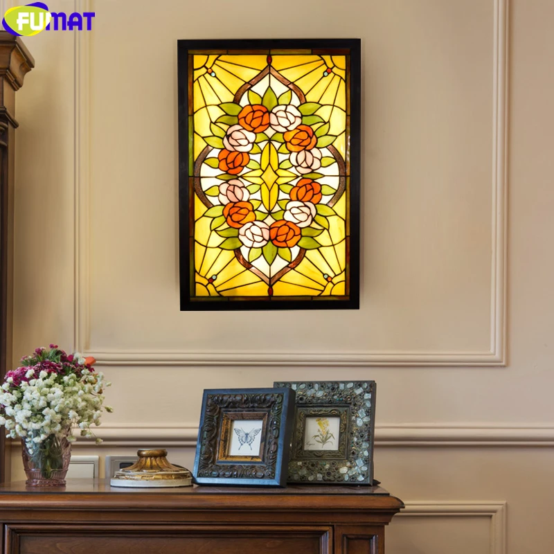 

Fumat Tiffany Wall Lamp Stained Glass Rose Pattern Classical Oil Painting Art Decor Ceiling Light Hotel Villa LED Wall Lamp