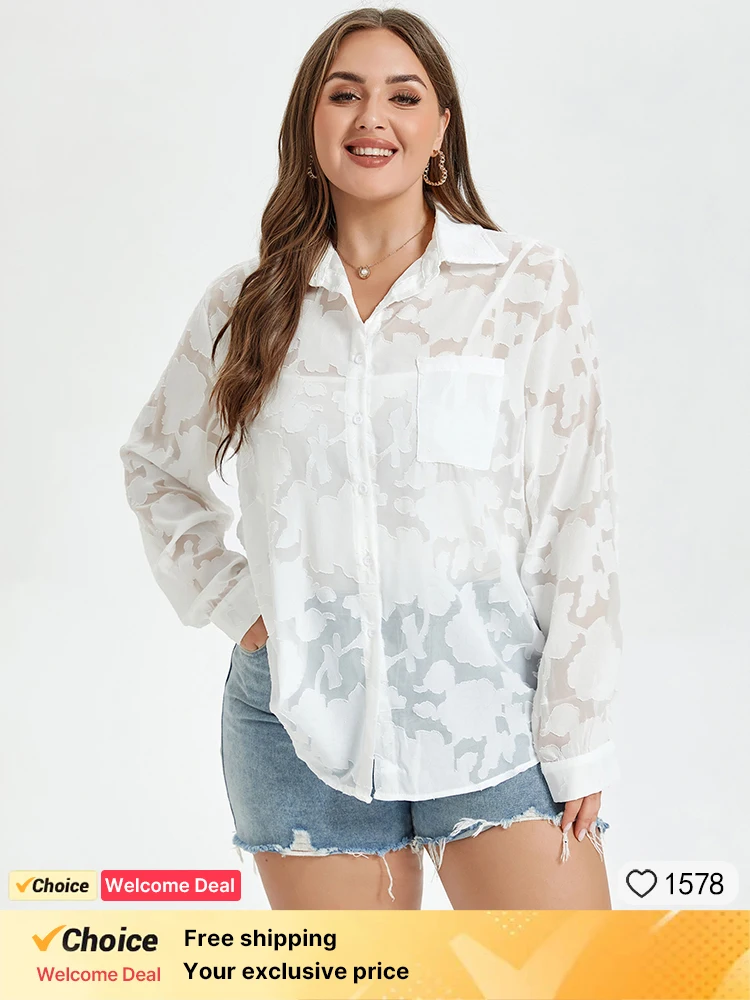 

Plus Sized Clothing Fashion Jacquard Lace Chiffon Shirt Women Long Sleeve Elegant White Blouse Casual Loose Floral Lady Tops