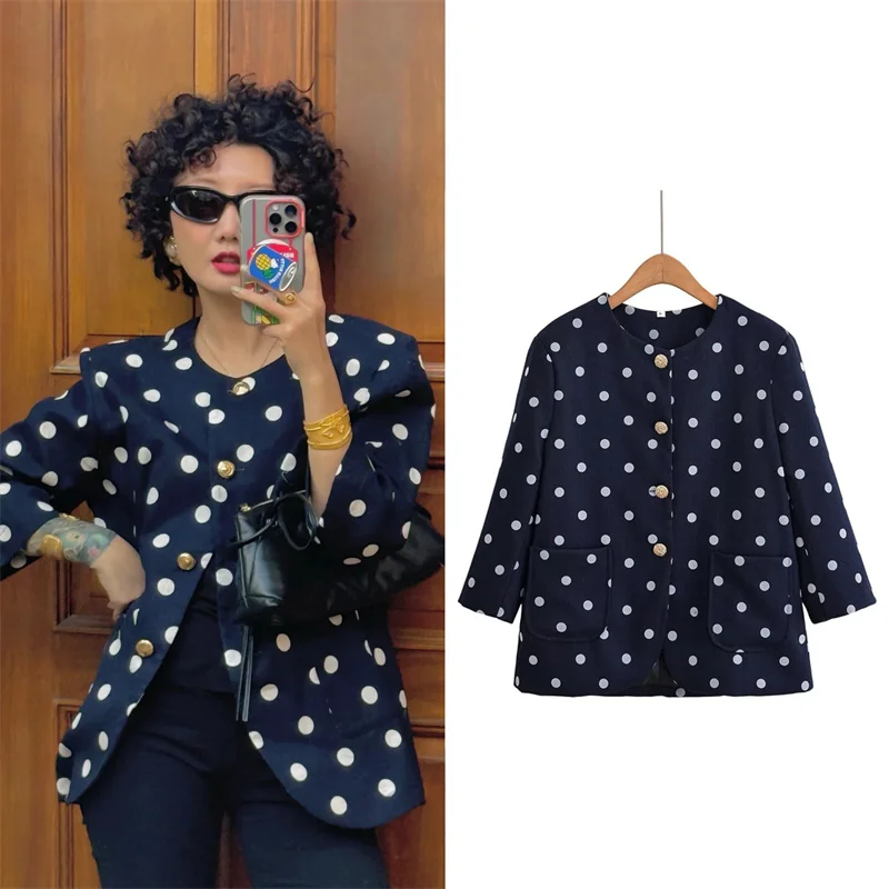 

Women's Jacket 2025 Autumn New Style Dark Blue Polka Dot Long-Sleeve Round Neck Shoulder-Padded Three-Quarter Sleeve Jacket