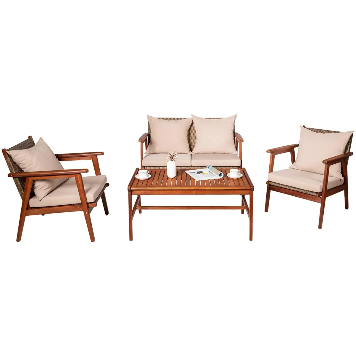 Wood Wood Patio Sofa Set 4 PCS With Cushions & Coffee Table, Outdoor Seating For Garden Backyard Poolside, Customized - Aliexpress Deal
