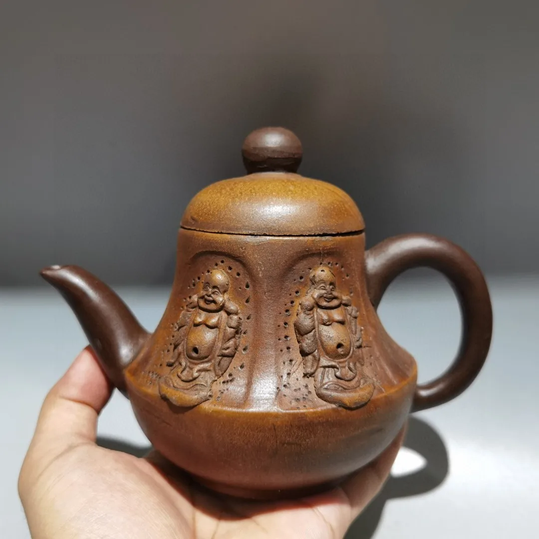 Yixing Teapot Purple Clay Pot Four sided Maitreya Buddha pattern Wine pot shape pot Teapot Kettle Tasting tea ceremony Ornaments