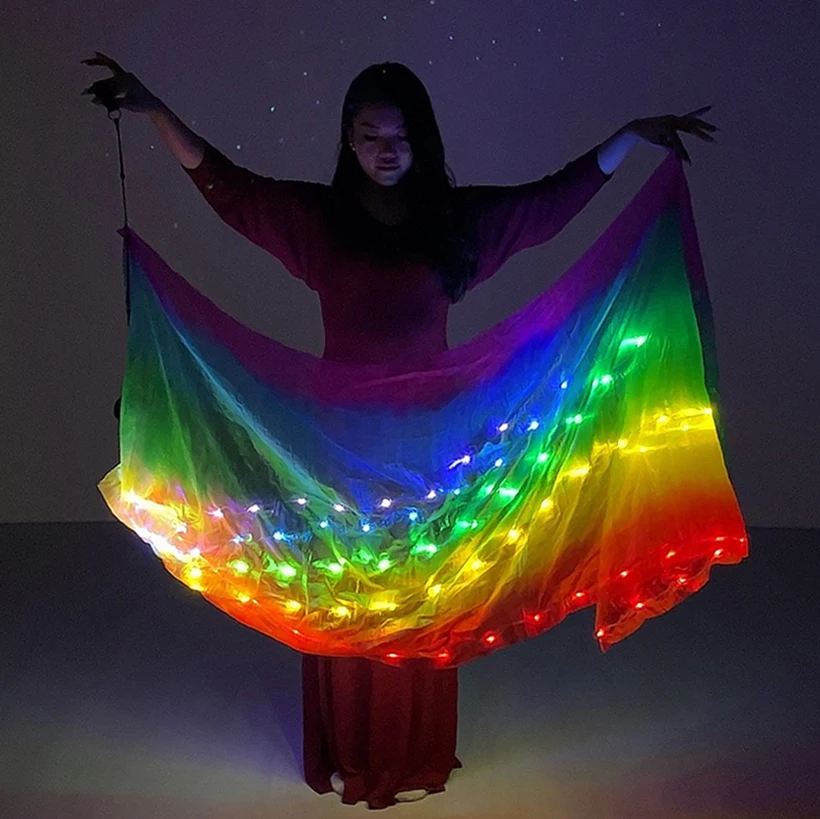 Перезарядка радуги, имитация шелка, реквизит для выступлений, костюм для танца живота, аксессуары, лампы, прямоугольная вуаль, светодиодная вуаль с шарами Poi