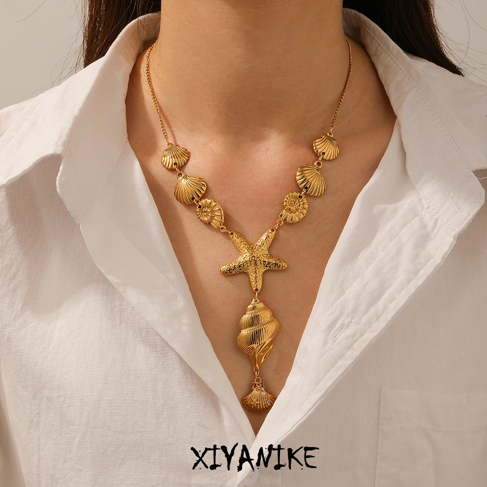 

XIYANIKE316L Stainless Steel Hyperbole Style Shell Conch Starfish Series Connection Necklace Women Niche Personalized Neck Chain