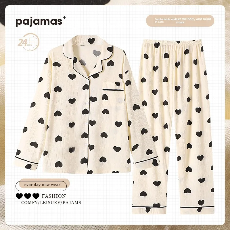 Women's Spring/Fall Pajamas: Long-Sleeve, Long-Pants, Wrinkled Fabric, Loose-Fit, Casual, Plus-Size Women's Loungewear Set