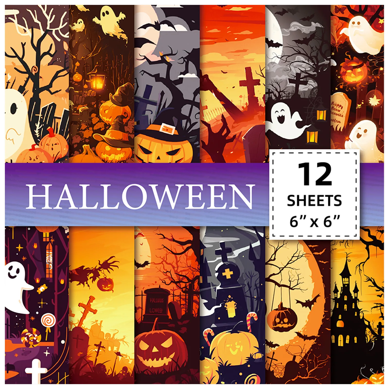 12sheets Vibrant Halloween Scrapbook Paper Pad,6x6Inch Single-Sided Decoupage Paper for DIY Crafts,Journaling,Scrapbook Supplies