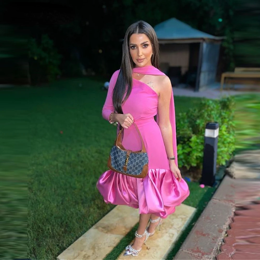 

Simple Pink Prom Dresses One Shoulder Long Sleeve Satin Tea Length Evening Gowns Arabric Women Party Dress Plus Size