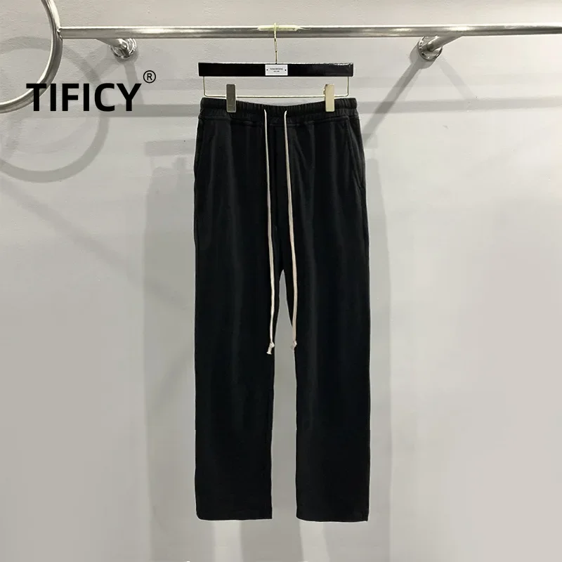 TIFICY Cotton Elastic Waist Pants Men's High Street Dark Style Slim Fit Classic Solid Color Knitted Regular Casual Pants