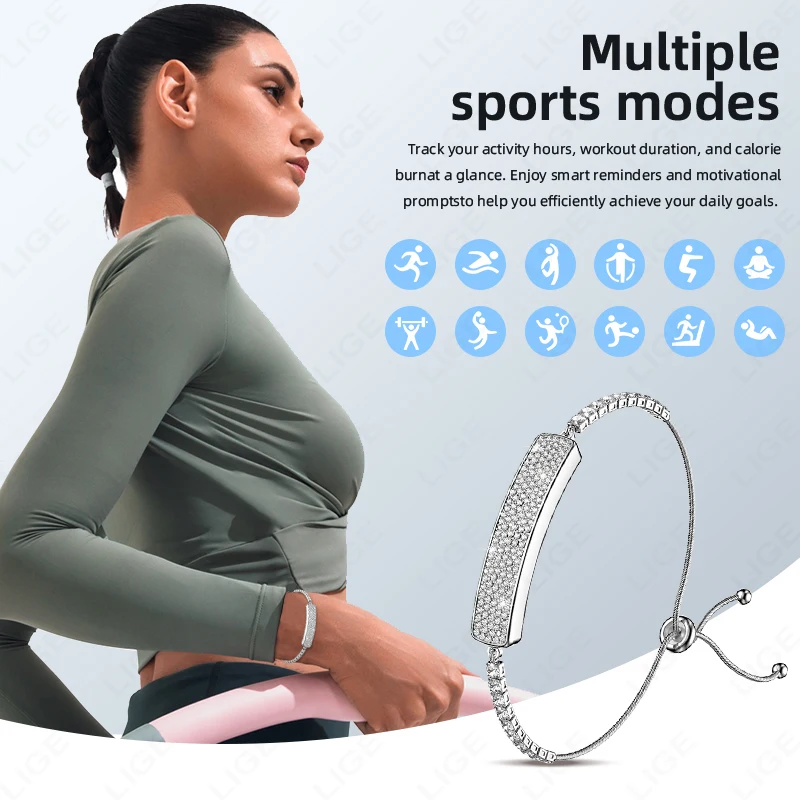LIGE Fashion Diamond Ladies Smart Bracelet 5ATM Fitness Heart Rate Stress HRV Health Monitor Step Counting Smartwatch Women Band
