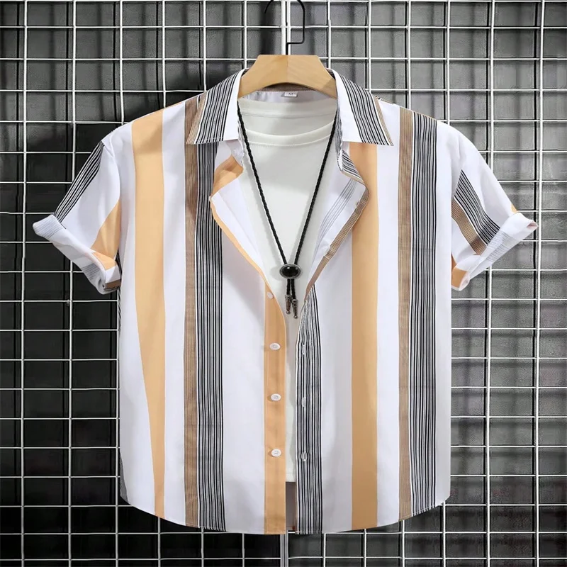 Brand New Boyfriend Shirt Short Sleeve Slim Fit Button Lapel Men's Tops 2024 Spring Summer Fashion 3D Stripe Print Party Shirt X