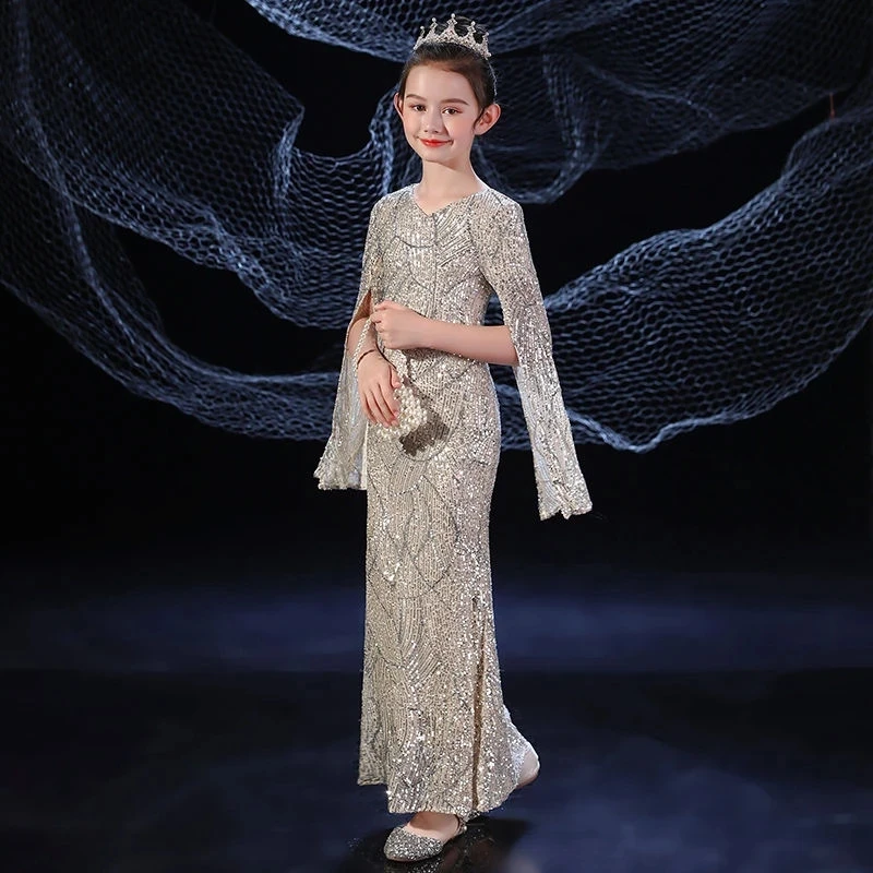 女の子マーメイドドレススパンコール子供花嫁介添人のウェディングドレス子供のためのエレガントなイブニングドレス女の子ブティックパーティー着用服