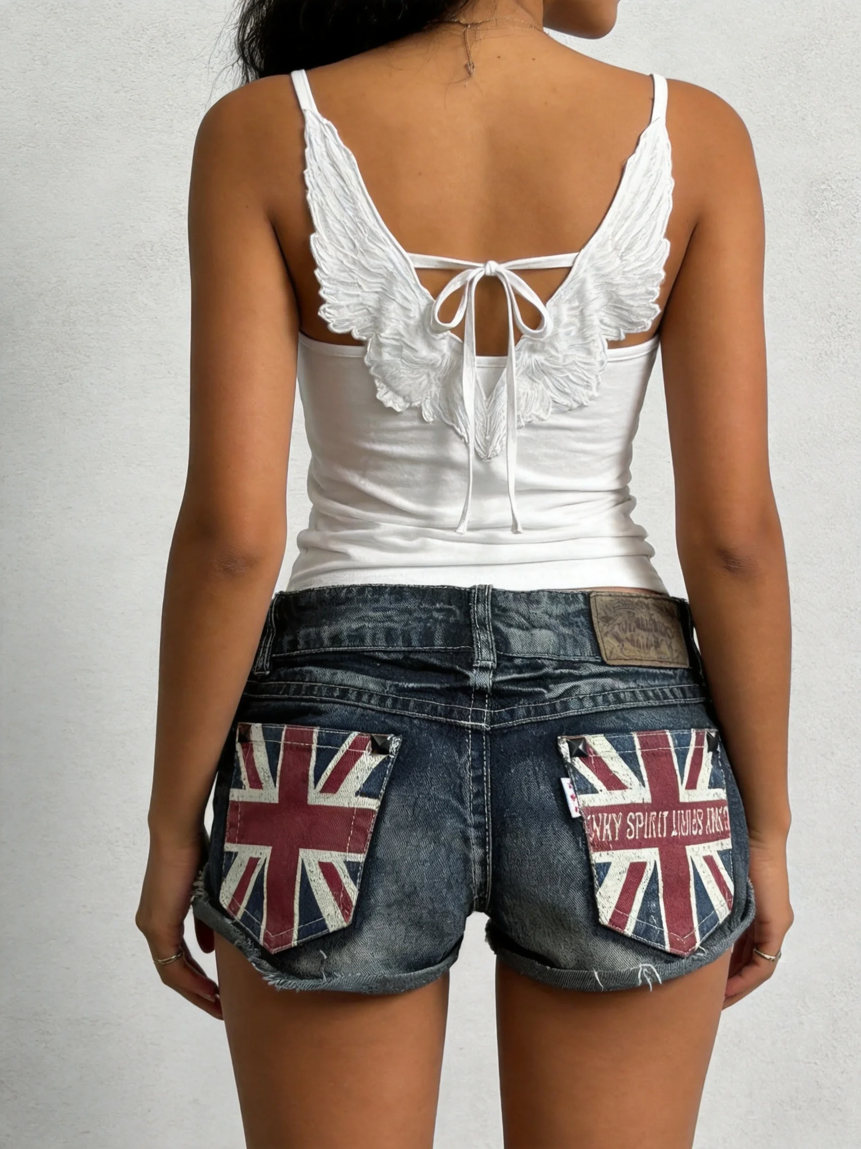 

Hip Hop Angel Wings Embroidered Vest Denim Shorts Suit Hot Girl Sexy Super Shorts Subculture Punk Design Y2k Low Waist Pants