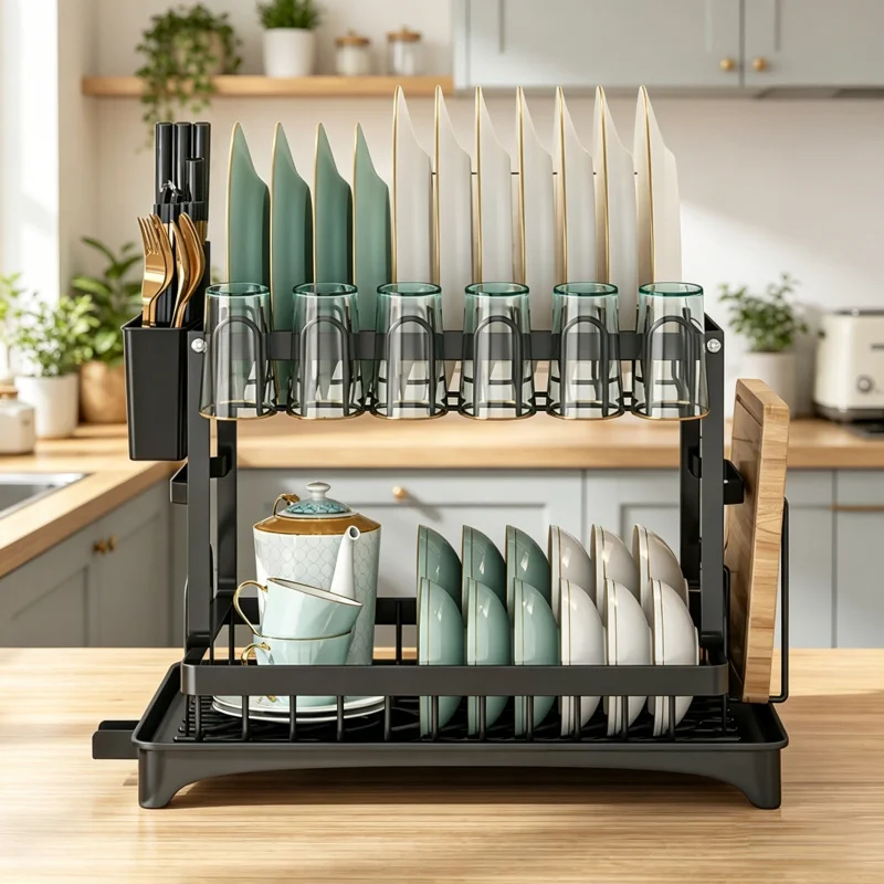 Multifunctional Dish Drying Rack, Kitchen Drainer for Bowls, Chopsticks, Knives, Forks, Cups and Tableware, 2-Tier