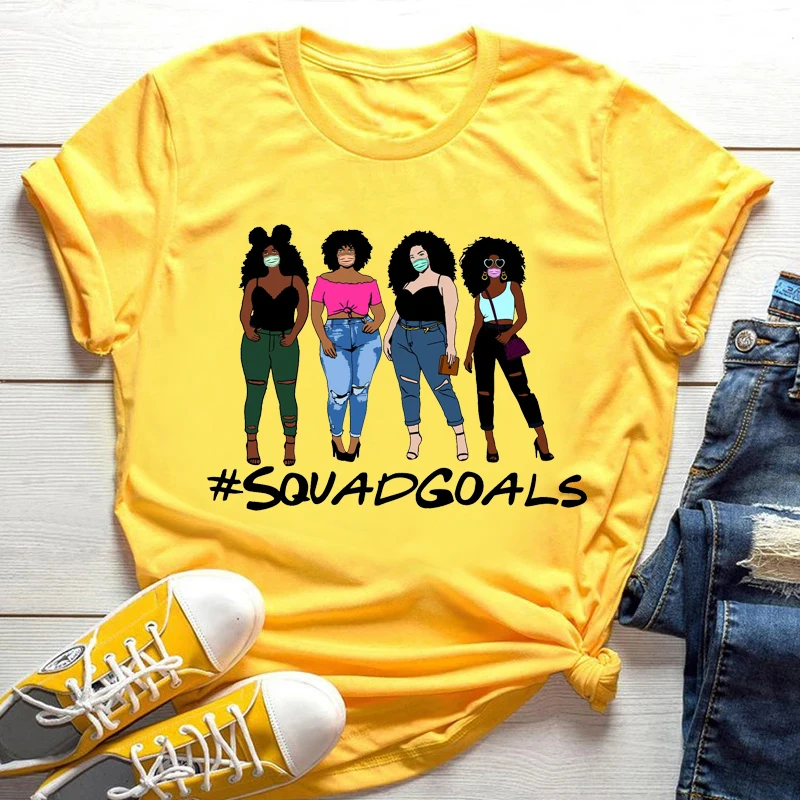 Damskie codzienne koszulki T-shirty letnie nowa moda melanina czarnoowłosie dziewczyny graficzny nadruk żółta koszulka damska z krótkim rękawem z nadrukiem kreskówkowym