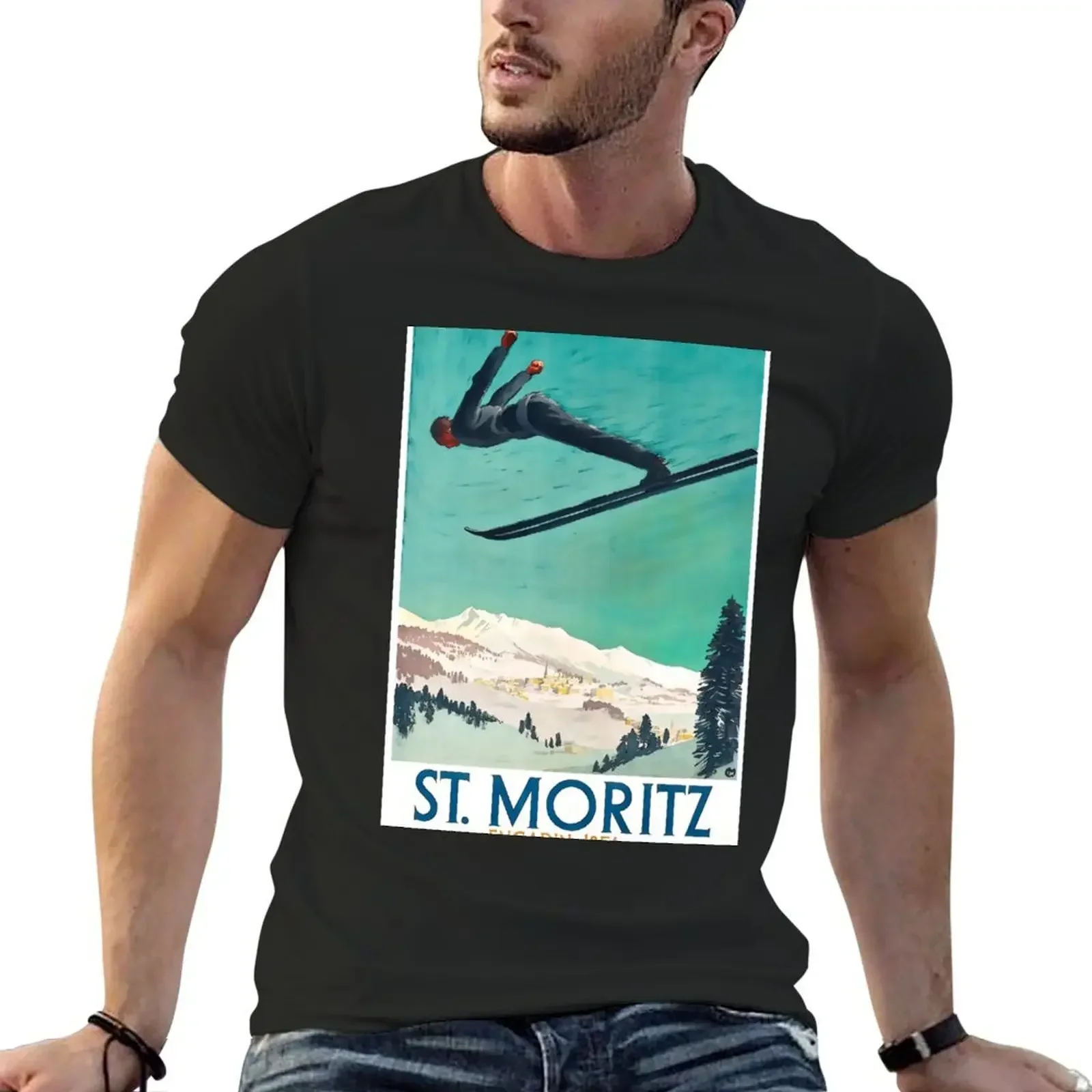 

Vintage Ski Poster Saint Moritz T-Shirt sports fans boys whites mens champion t shirts