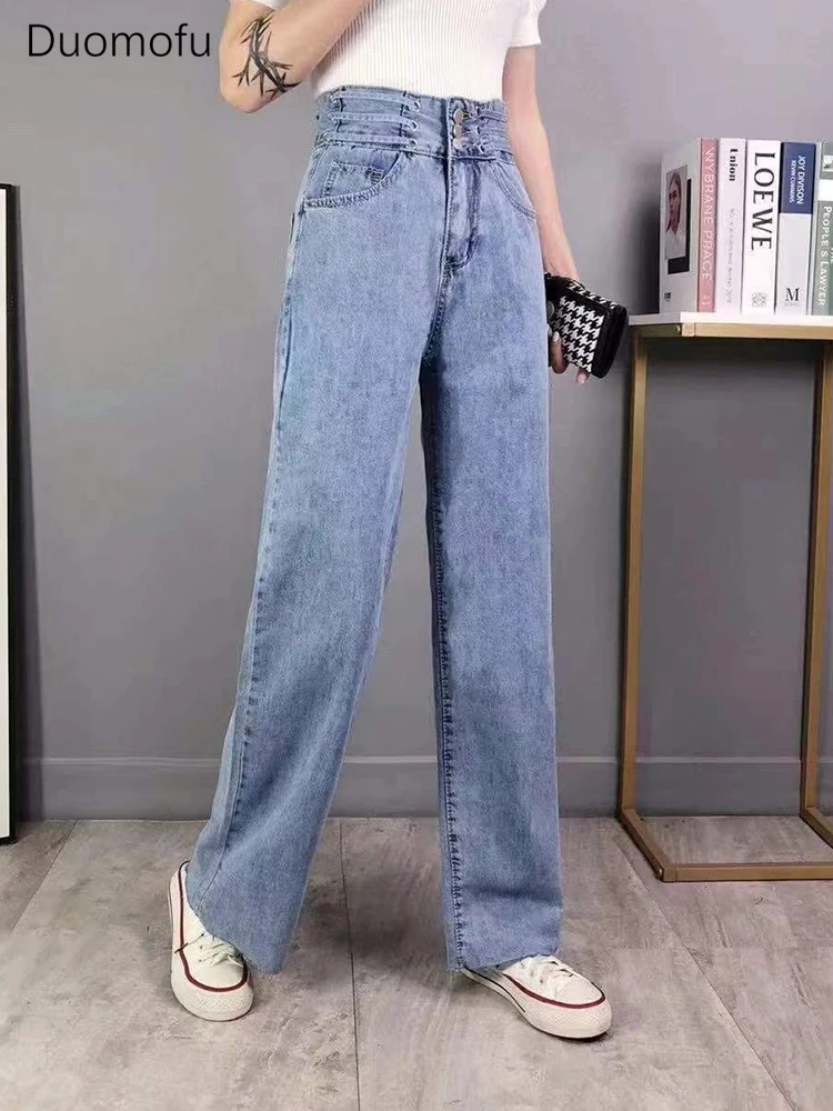 

Duomofu Spring Fashion Zipper Button Loose Straight Female Jeans New Basic High Waist Slim Simple Full Length Casual Women Jeans