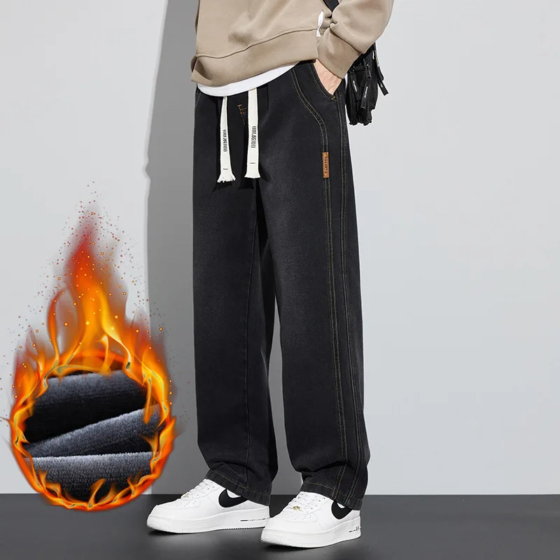 

Мужские утепленные флисовые джинсовые брюки Xintang. Мужские трендовые осенне-зимние брюки 2023. Свободные прямые повседневные брюки с широкими штанинами.