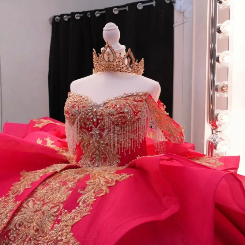 

Rose Red Quinceanera Dress off-shoulder Glitter Crystal Decal Layering Long tail Bow vestidos de 15 Quinceanera ﻿Customize