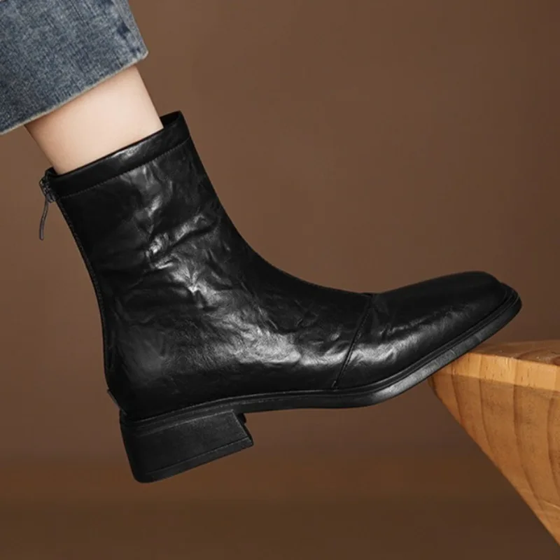 

Heeled Women Square Toe Ankle Boots Designer Classical Shoes 2025 Winter New Fashion Short Boots Chunky Dress Zapatillas Mujer