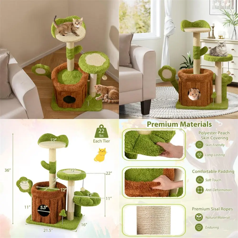 

36 Jungle-Themed Washable Peach Skin Cat Tree with Sisal Scratching Post and Interactive Play Features