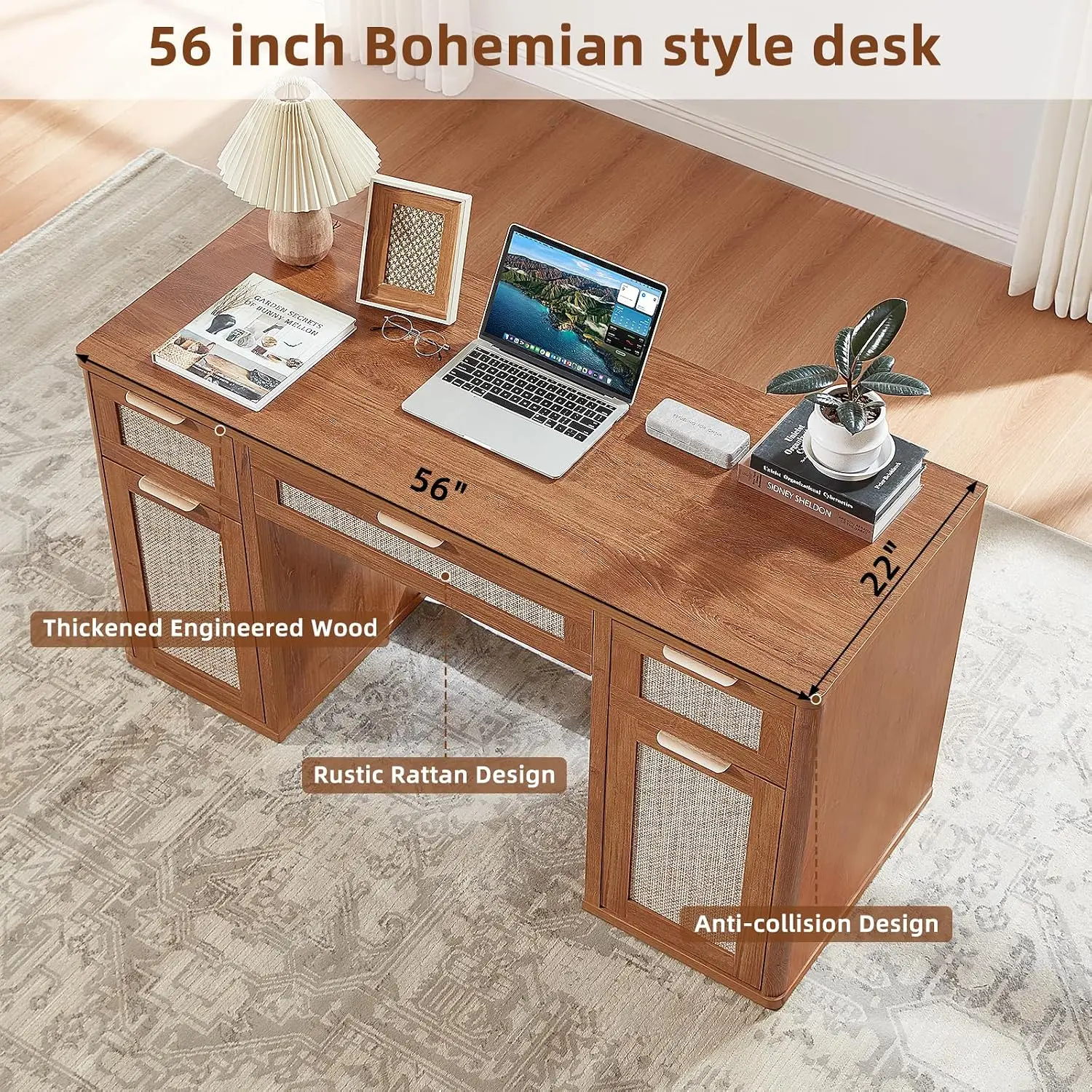 Office Desk 56" with 5 Drawers Storage File Cabinet, Tea Brown