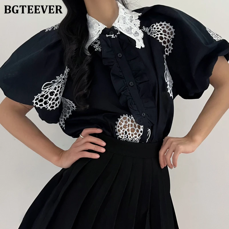 

BGTEEVER Vintage Single-breasted Women Patchwork Lace Shirts Summer Elegant Lapel Female Puff Sleeve Embroidery Printed Blouses