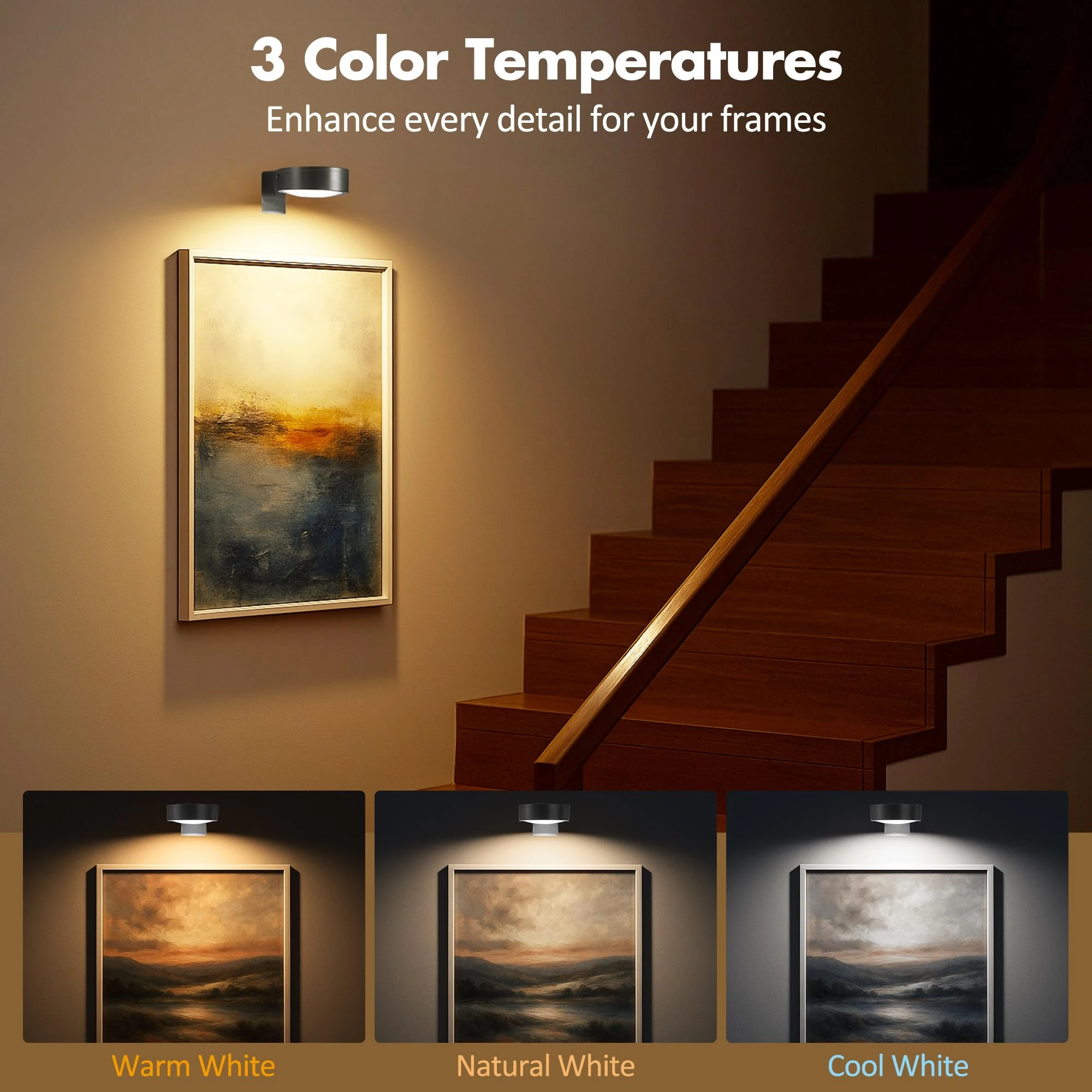 3Pcs Battery Operated Picture Light Magnetic Led Painting Light with Remote Dimmable Timer 3 Lighting Modes Art Display Light