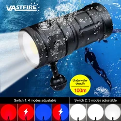 14400mAh 20000 Lumens Diving Flashlight 3-Color White/Blue/Red COB Snorkeling Torch IPX8 Underwater 100m Photography Fill Light