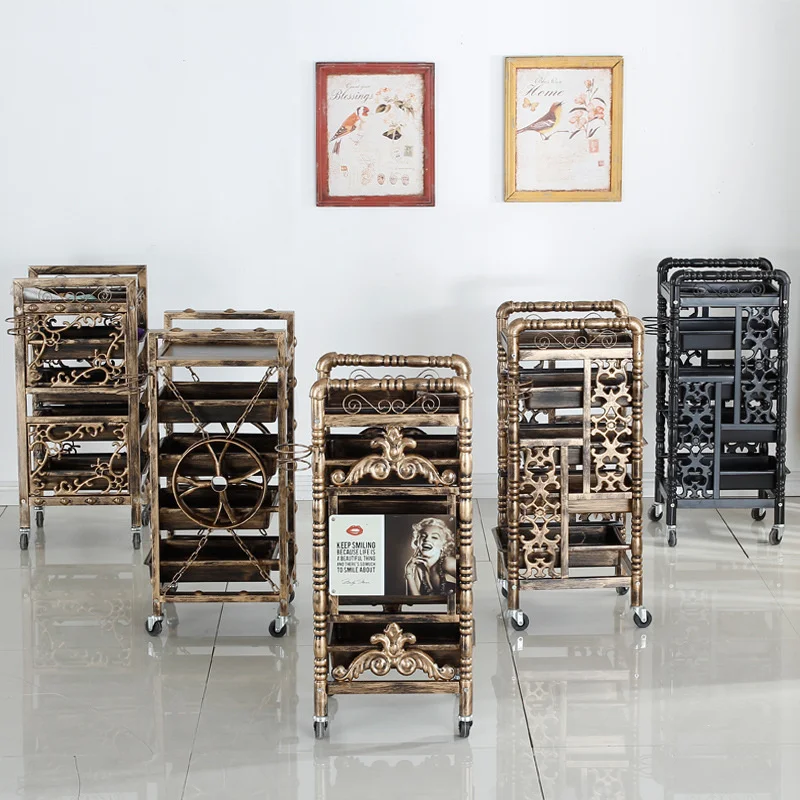 

Stylish Retro Salon Trolley Carved Design Multilayer Tool Storage Universal Wheels Salon Mobility Elegant Organizer