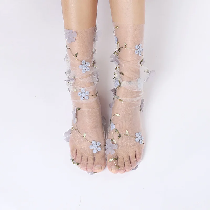 Fashion 3D Flower Lace Socks Women Transparent Long Tulle Socks Femme Summer Ultra-thin Socks Woman Dress Calcetines medias