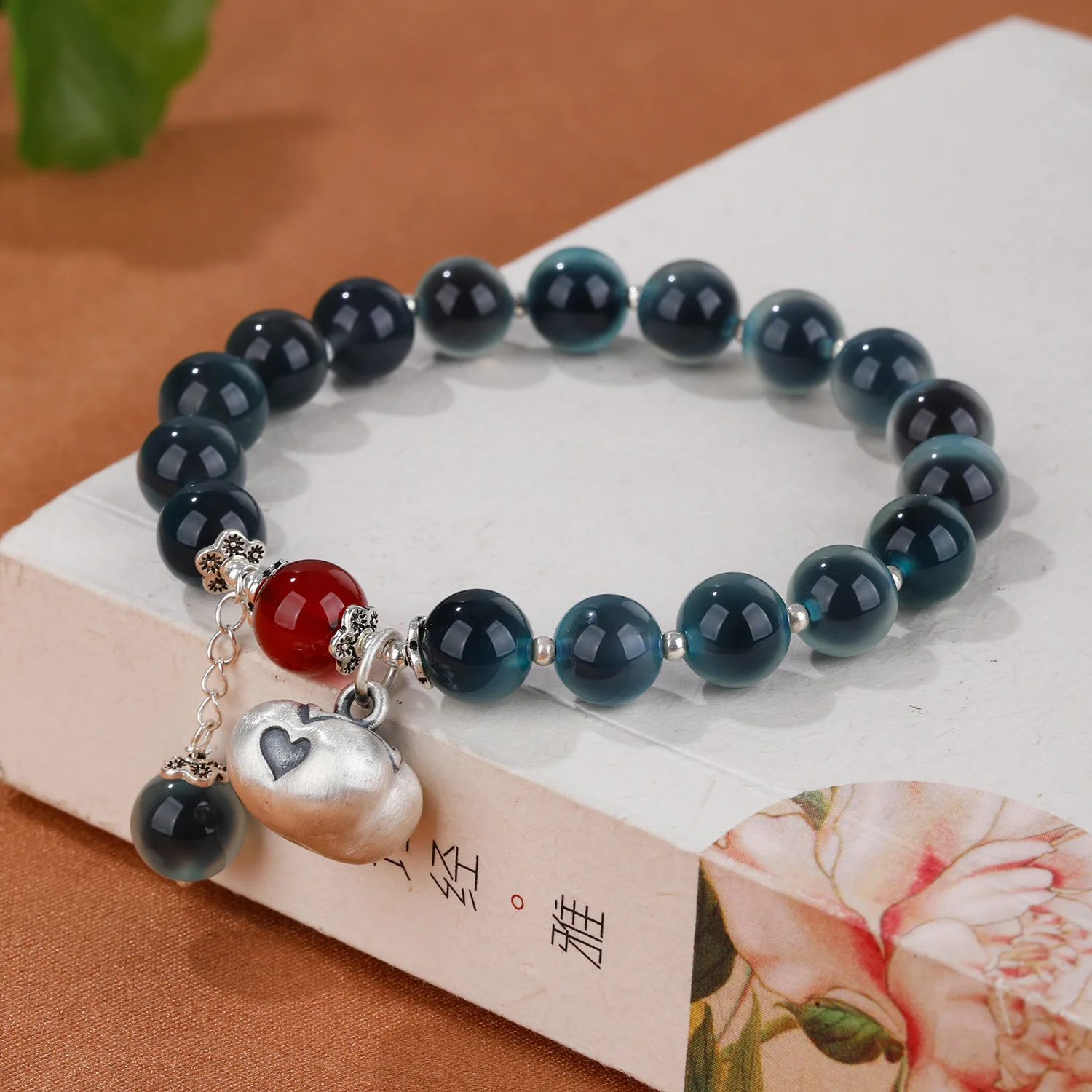 Chinese Style Natural Sugar Heart Agate Bracelet Dark Blue Sterling Silver Satisfie Jewelry Fashion Women's High-end Jewelry