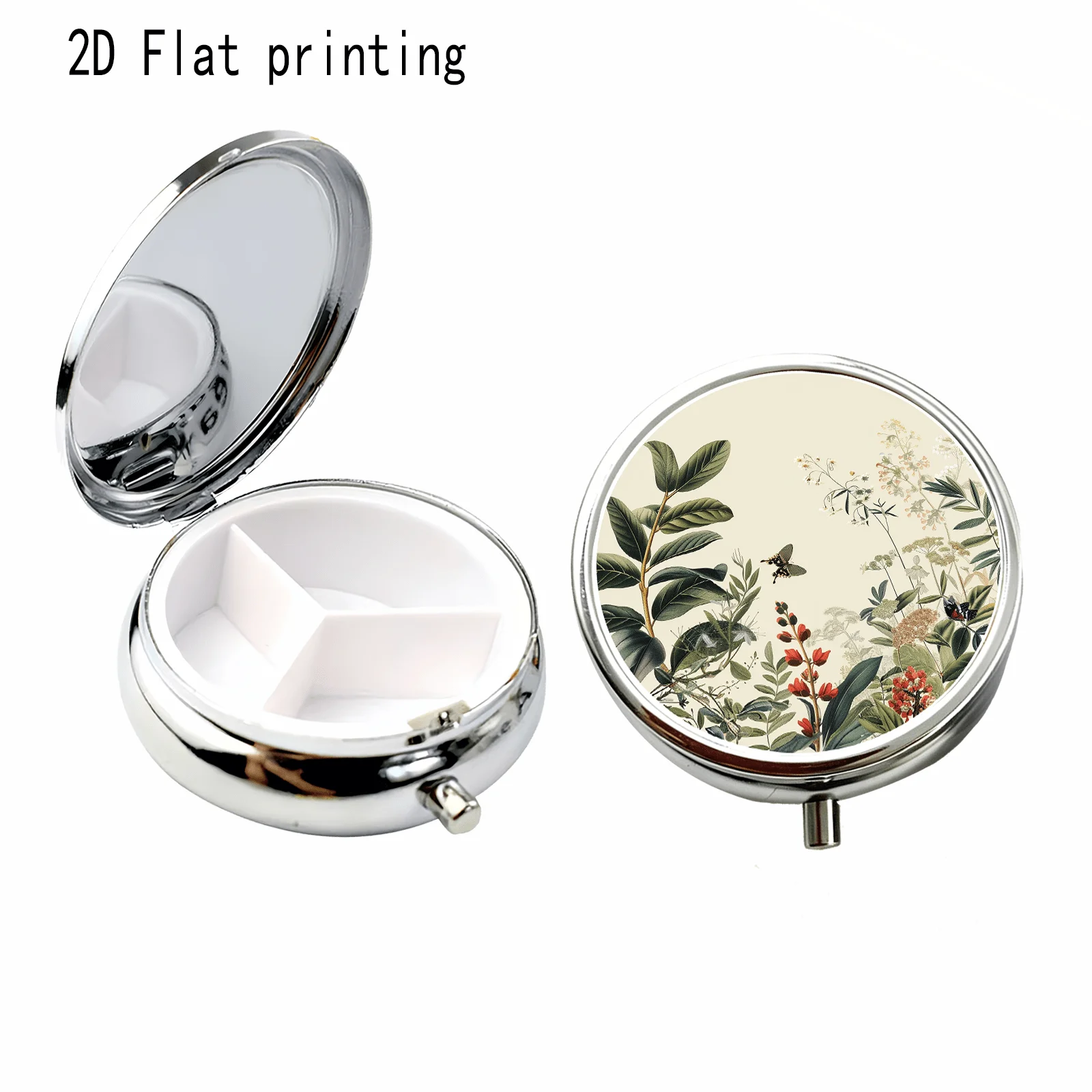 Vintage Plant and Butterfly Circular Illustration Pattern, Round Three-Compartment Small Medicine Box, Portable Medicine Storage, Small Jewelry Storage, Suitable for Handbags or Travel, Holiday Gifts, Souvenirs, Prizes, Small Gifts, Suitable for Personal Use or as an Exquisite Gift Option view 4
