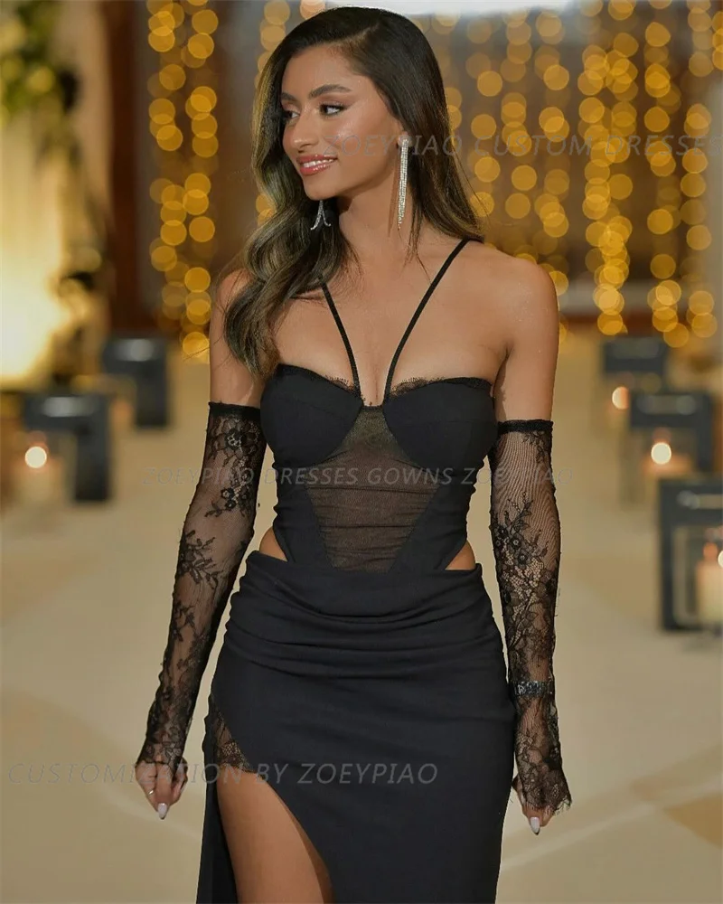 Vestidos de noite longos de renda sexy preto feminino, mangas de renda, bainha alta, baile formal sexy, vestidos de festa, feitos sob medida