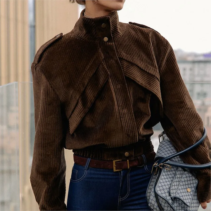 Winter new motorcycle style brown jacket with a feminine design and temperament, casual corduroy jacket