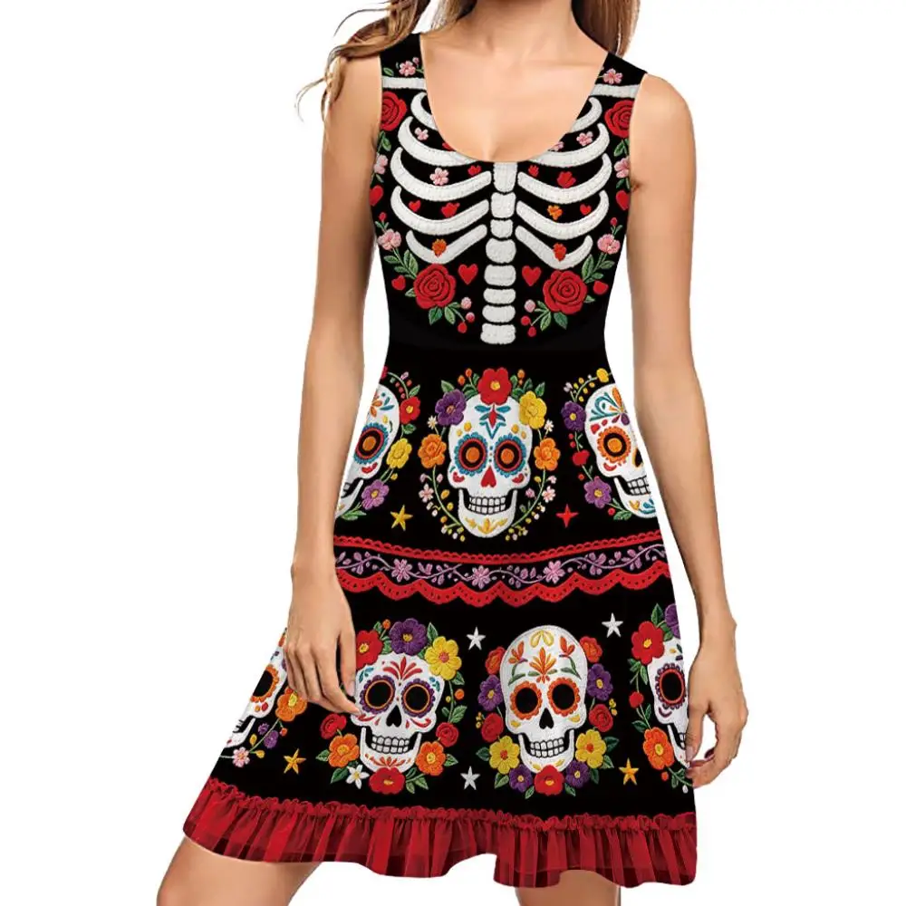 Damenkleid mit Zuckerblumen- und Totenkopfdruck, ärmelloses Sommerkostüm, mexikanische Kleidung zum Tag der Toten, Halloween-Festival, Kostüm – Detail 3