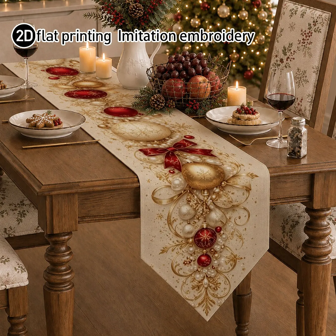 VIKAMA Christmas Table Runner Red Gold Bauble Pearl Bow Imitation Embroidery Decorative Washable Kitchen Dining Xmas Holiday