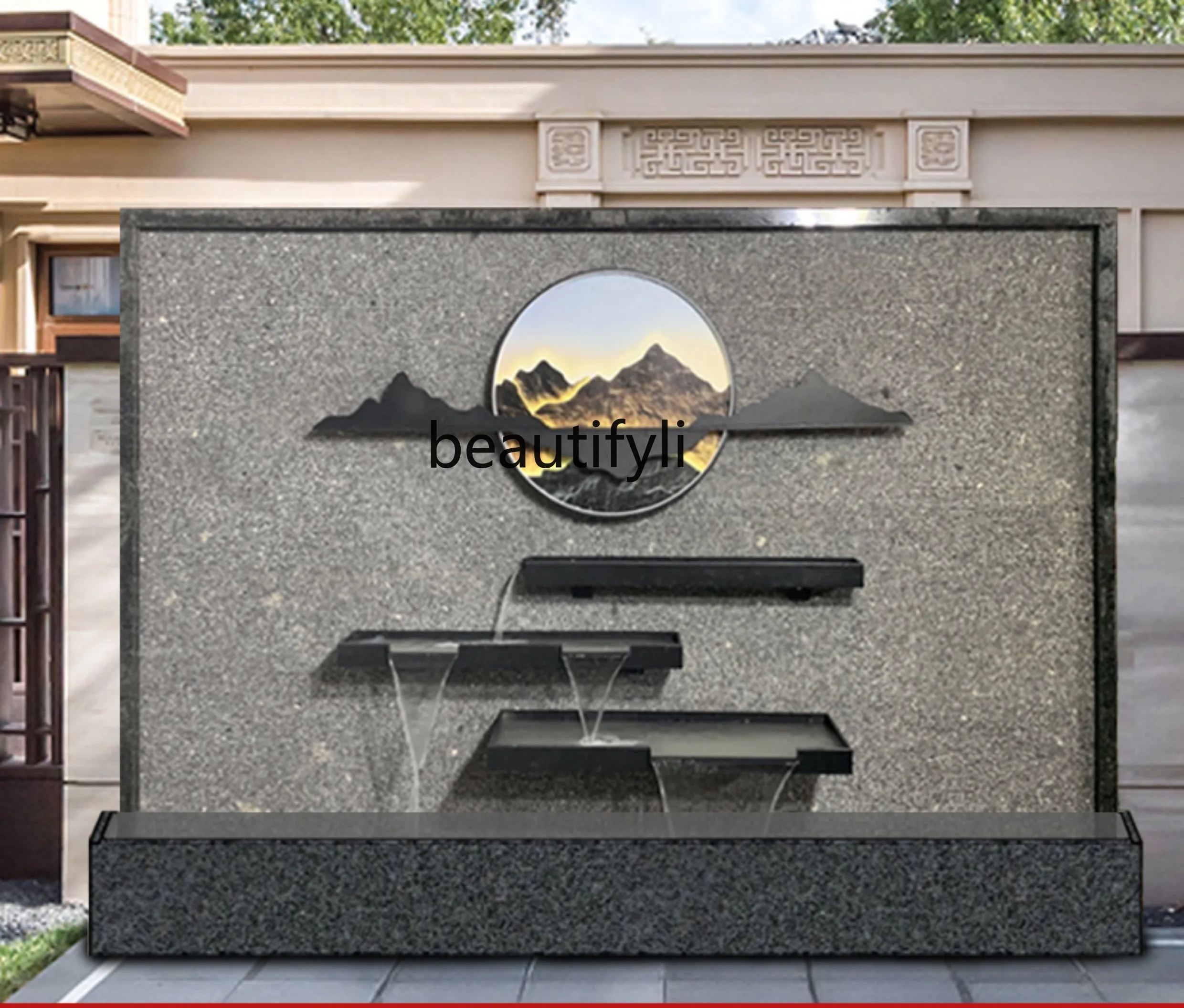 Granite stone water curtain wall courtyard water feature fish pond background wall entrance running water screen