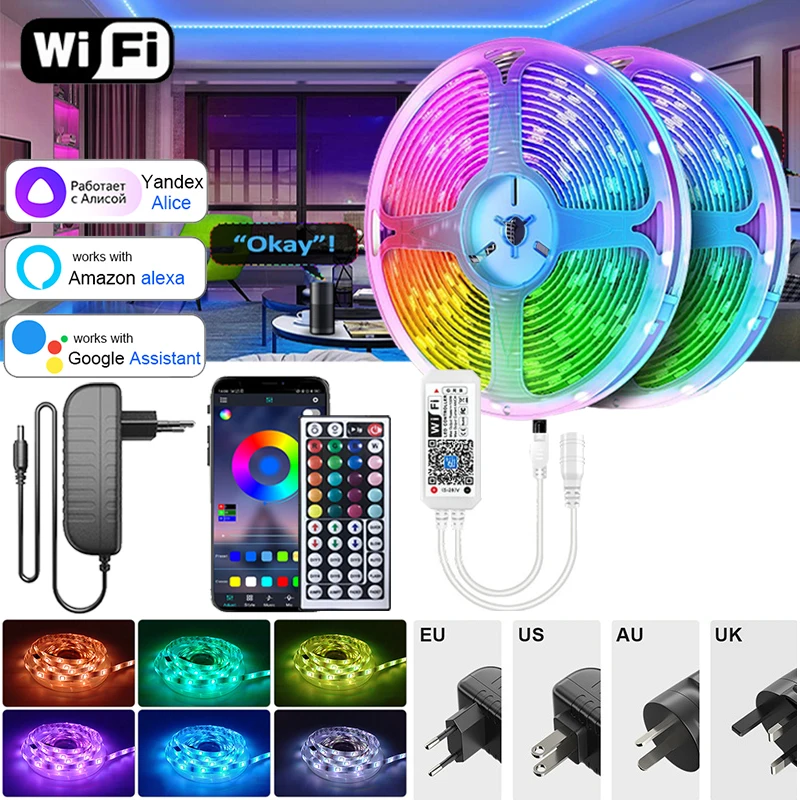 

Led Strip Light Wifi Rgb 5050 Alexa Smart Control Rgb 12V Led Tape Light 44Key Rgb Led Lights Strip 220V Room Decoration 30M