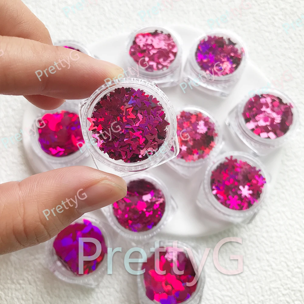 PrettyG 1 Juego de caja de 12 colores, purpurina holográfica rosa melocotón, forma de lentejuelas rojas, purpurina para uñas para decoración artística de uñas DIY de resina