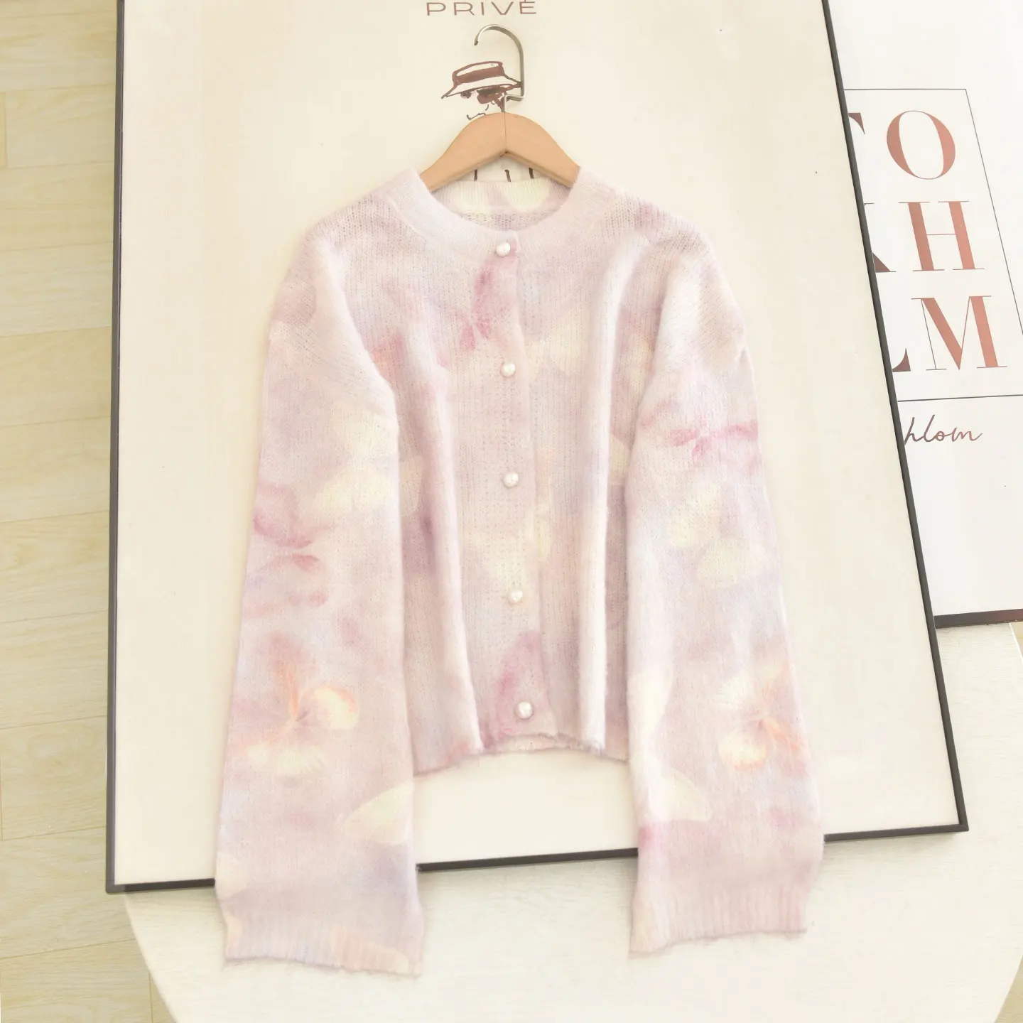 Elegant Gentle Print Gradient Flower Design Sweater Coat Long Sleeve Knitted Women's Fashion Autumn New Style Soft Style